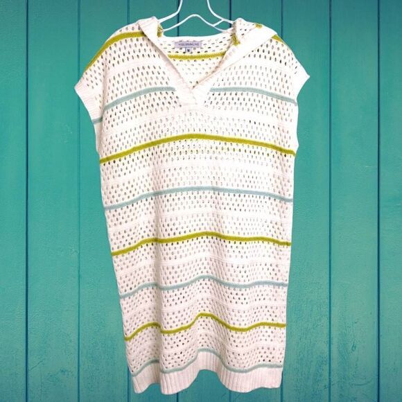 Miss Sparkling White Knit Coverup Blue Green Stripes Hoodie Sleeveless M - Picture 1 of 9
